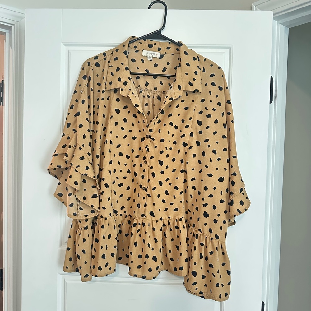 Umgee Tan Notched Collar Ruffled Blouse